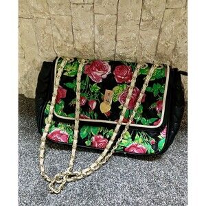 Betsey‎ Johnson Shoulder Bag Roses Hearts Gold Chain Faux Leather Purse